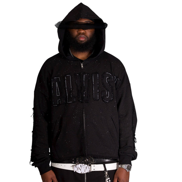 BLACK RHINESTONE DISTRESSED ZIP UP | YALVISH