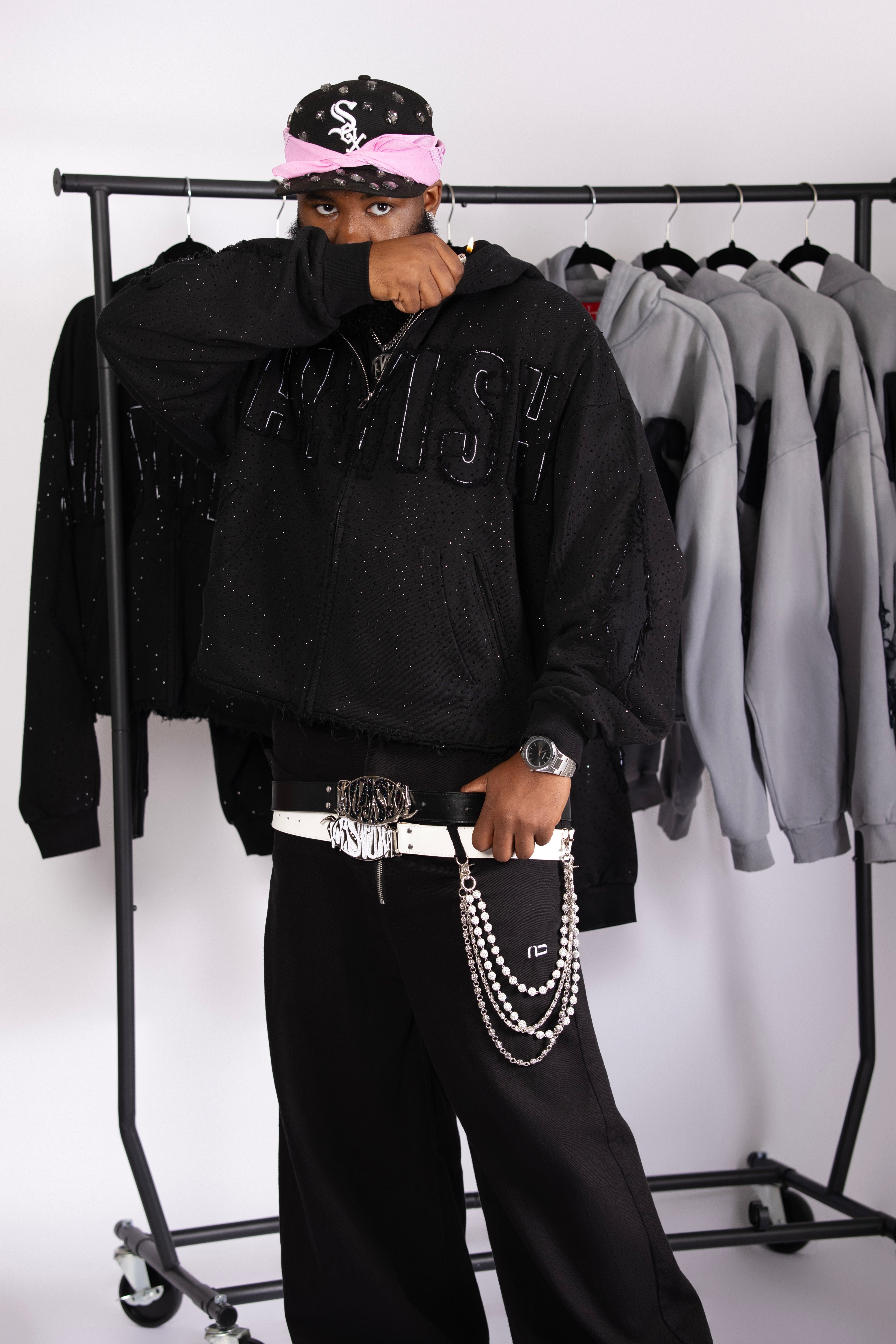 BLACK RHINESTONE DISTRESSED ZIP UP | YALVISH