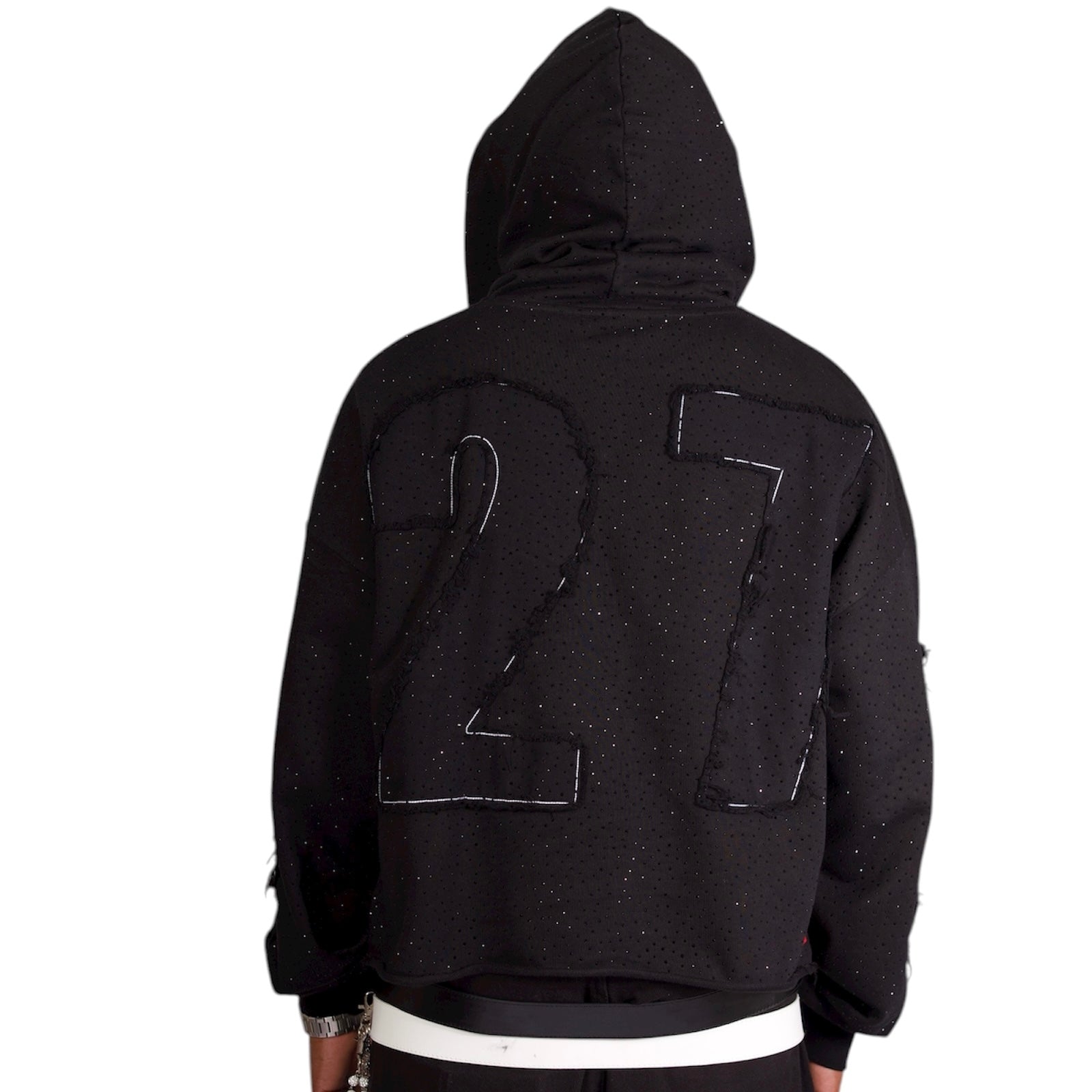 BLACK RHINESTONE DISTRESSED ZIP UP | YALVISH